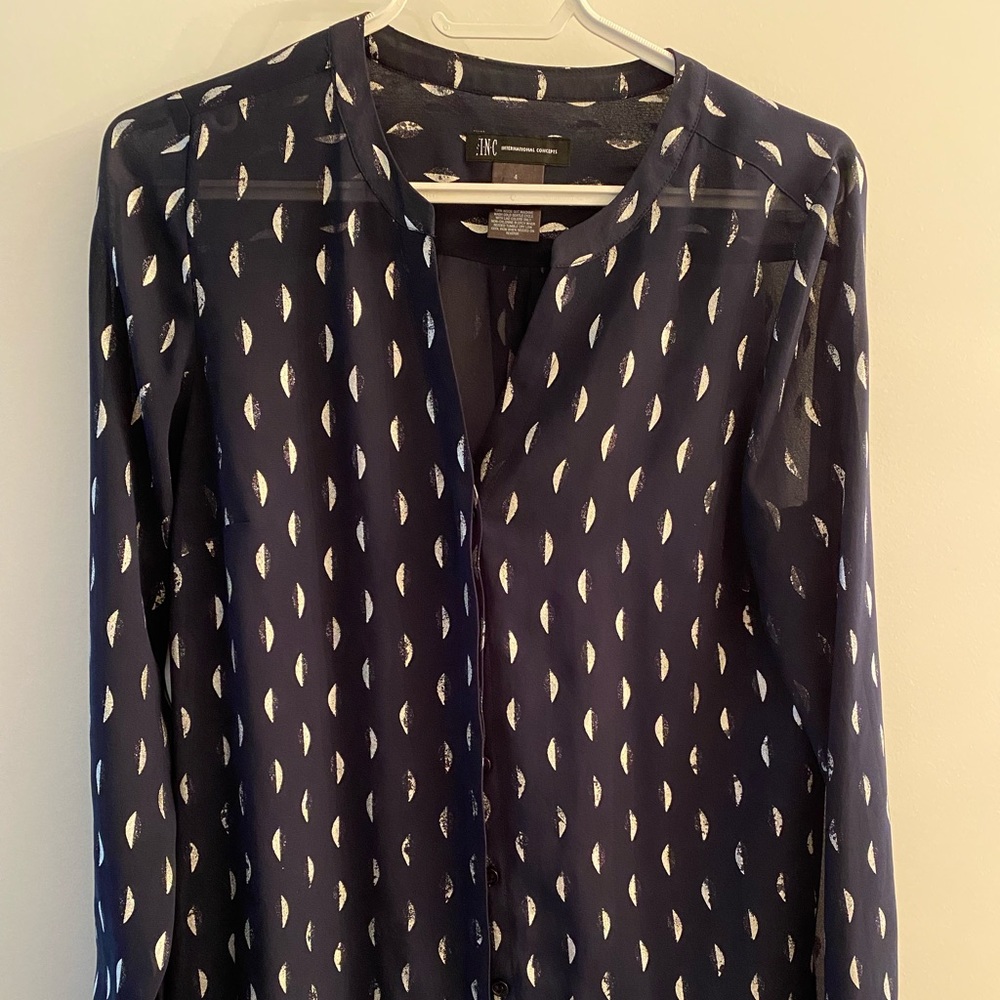 INC navy georgette blouse with silver print